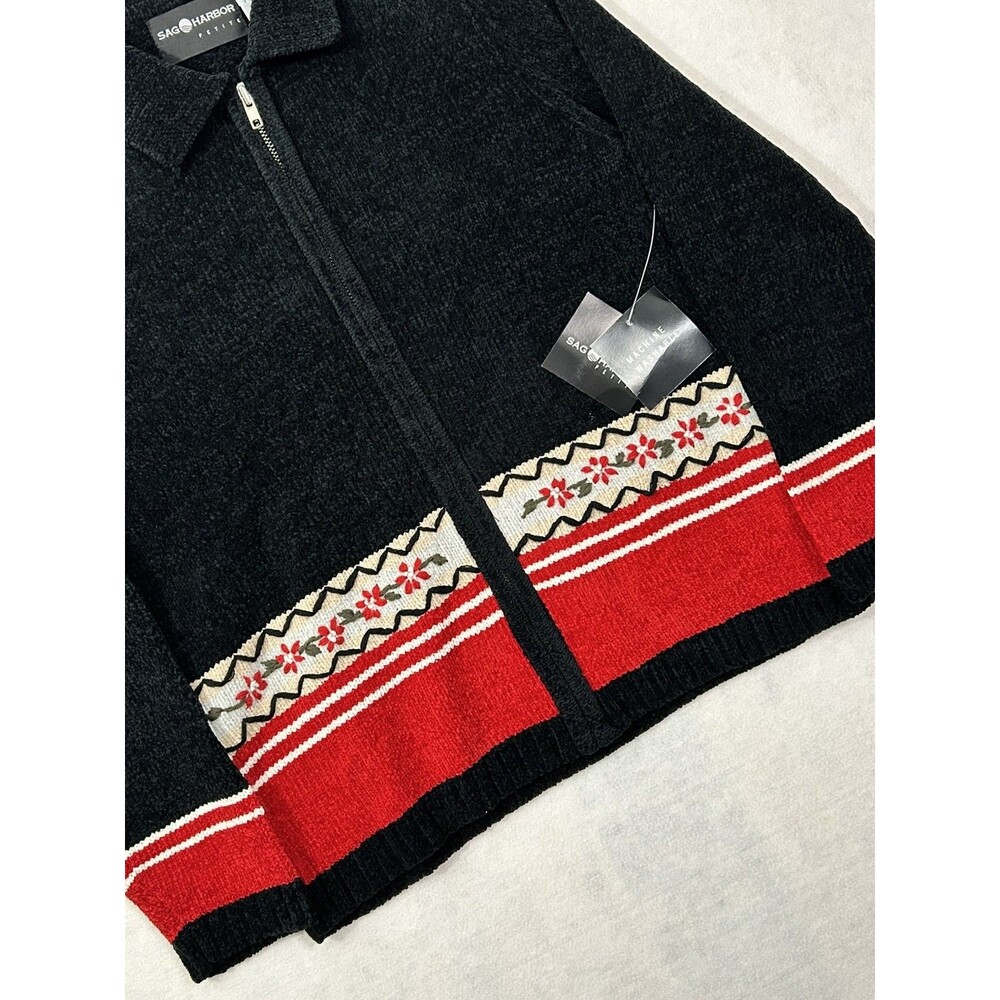 Sag Harbor Cardigan Y2K Retro Soft Black Red Full Zip Chenille Coastal Grandma - Picture 3 of 9